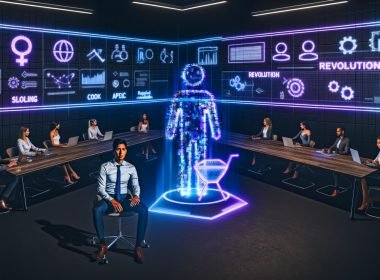 Futuristisches Open-Space-Marketingbüro bei Dämmerung in Blau und Lila: Menschlicher Marketer sitzt einer holografischen, leuchtenden KI gegenüber; dazwischen schweben Metriken, SEO-Graphen und Kampagnen-Dashboards. Im Hintergrund arbeiten Teams an Flowcharts und API-Connectors; Monitore zeigen „Revolution“ und „Assistant“.