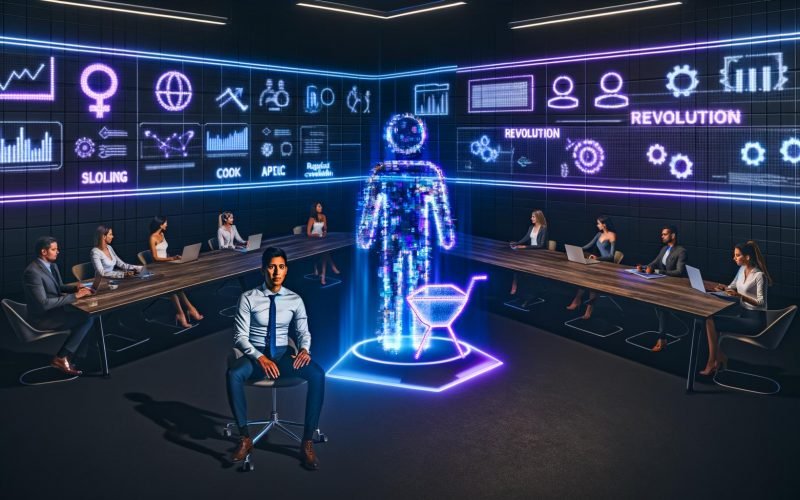 Futuristisches Open-Space-Marketingbüro bei Dämmerung in Blau und Lila: Menschlicher Marketer sitzt einer holografischen, leuchtenden KI gegenüber; dazwischen schweben Metriken, SEO-Graphen und Kampagnen-Dashboards. Im Hintergrund arbeiten Teams an Flowcharts und API-Connectors; Monitore zeigen „Revolution“ und „Assistant“.