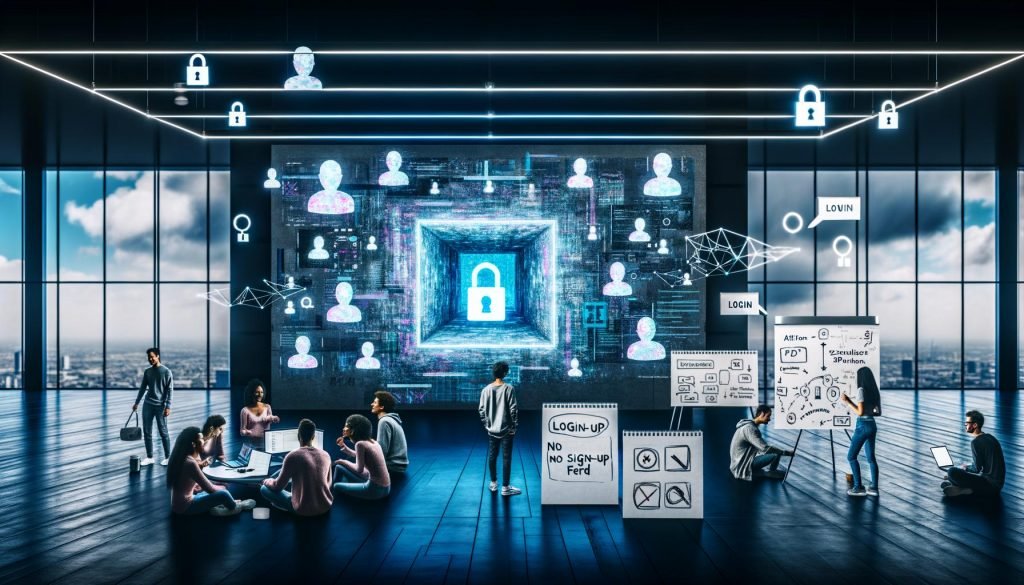 Diverses Team in futuristischem Studio vor offenem KI‑Bildgenerator ohne Anmeldung; Touchscreens, Hologramme, Datenschutz‑Symbole und Notizen zu Stable Diffusion, SDXL und ControlNet.