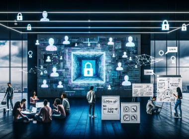 Diverses Team in futuristischem Studio vor offenem KI‑Bildgenerator ohne Anmeldung; Touchscreens, Hologramme, Datenschutz‑Symbole und Notizen zu Stable Diffusion, SDXL und ControlNet.