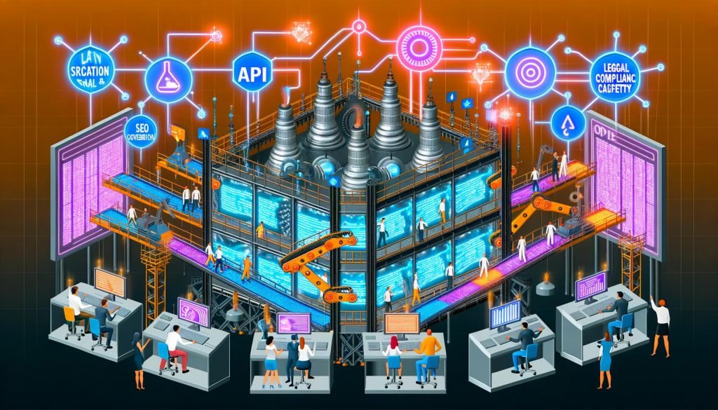 Futuristische Editorial‑Illustration einer digitalen Content‑Fabrik: Förderbänder und Roboterarme erzeugen bunte Dateien (Artikel, Landingpages, Produkttexte, Videos, Newsletter); Datenströme, Dashboards und Leiterbahnen zeigen Prompt‑Vorlagen, Vektordatenbanken, Guardrails und Automationen; diverses Team überwacht Governance und KPIs; darüber Icons für SEO, API, Compliance und Markensicherheit.