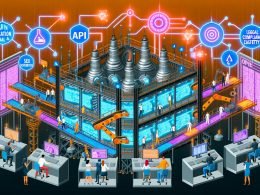 Futuristische Editorial‑Illustration einer digitalen Content‑Fabrik: Förderbänder und Roboterarme erzeugen bunte Dateien (Artikel, Landingpages, Produkttexte, Videos, Newsletter); Datenströme, Dashboards und Leiterbahnen zeigen Prompt‑Vorlagen, Vektordatenbanken, Guardrails und Automationen; diverses Team überwacht Governance und KPIs; darüber Icons für SEO, API, Compliance und Markensicherheit.