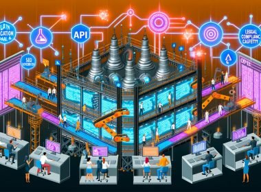 Futuristische Editorial‑Illustration einer digitalen Content‑Fabrik: Förderbänder und Roboterarme erzeugen bunte Dateien (Artikel, Landingpages, Produkttexte, Videos, Newsletter); Datenströme, Dashboards und Leiterbahnen zeigen Prompt‑Vorlagen, Vektordatenbanken, Guardrails und Automationen; diverses Team überwacht Governance und KPIs; darüber Icons für SEO, API, Compliance und Markensicherheit.