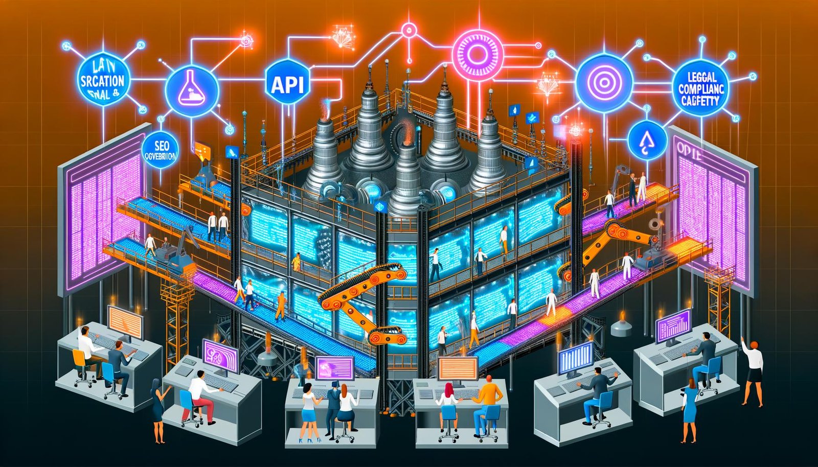 Futuristische Editorial‑Illustration einer digitalen Content‑Fabrik: Förderbänder und Roboterarme erzeugen bunte Dateien (Artikel, Landingpages, Produkttexte, Videos, Newsletter); Datenströme, Dashboards und Leiterbahnen zeigen Prompt‑Vorlagen, Vektordatenbanken, Guardrails und Automationen; diverses Team überwacht Governance und KPIs; darüber Icons für SEO, API, Compliance und Markensicherheit.