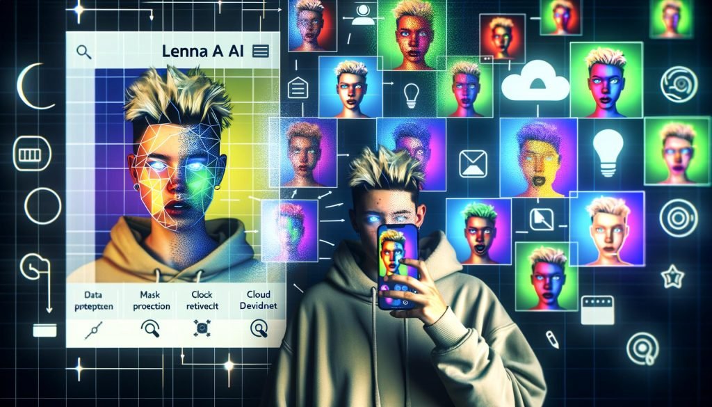Junger Kreativer bedient auf dem Smartphone die Lensa AI-App; davor schweben Avatare von fotorealistisch bis poppig-illustrativ mit UI-Overlays, Maskenkonturen und Diffusions-Effekten; im Hintergrund Workflow-Diagramm und Symbole für Datenschutz, Urheberrecht und Cloud/On-Device.