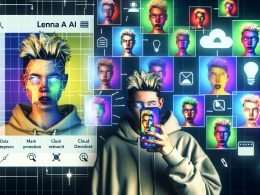 Junger Kreativer bedient auf dem Smartphone die Lensa AI-App; davor schweben Avatare von fotorealistisch bis poppig-illustrativ mit UI-Overlays, Maskenkonturen und Diffusions-Effekten; im Hintergrund Workflow-Diagramm und Symbole für Datenschutz, Urheberrecht und Cloud/On-Device.