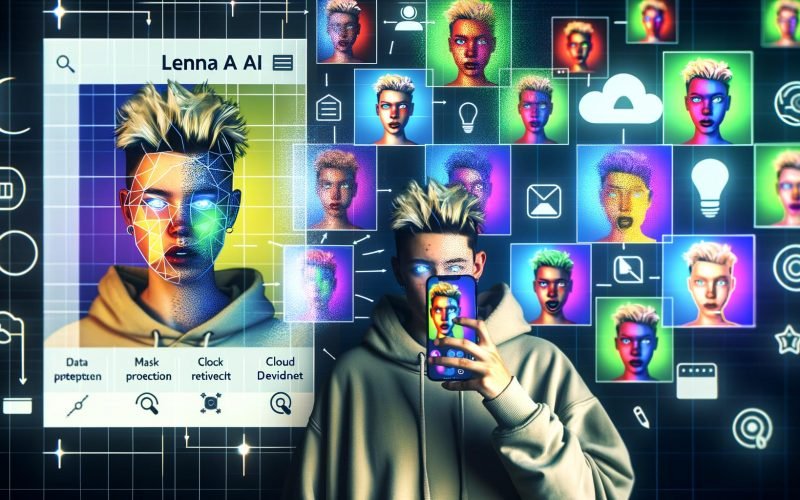 Junger Kreativer bedient auf dem Smartphone die Lensa AI-App; davor schweben Avatare von fotorealistisch bis poppig-illustrativ mit UI-Overlays, Maskenkonturen und Diffusions-Effekten; im Hintergrund Workflow-Diagramm und Symbole für Datenschutz, Urheberrecht und Cloud/On-Device.