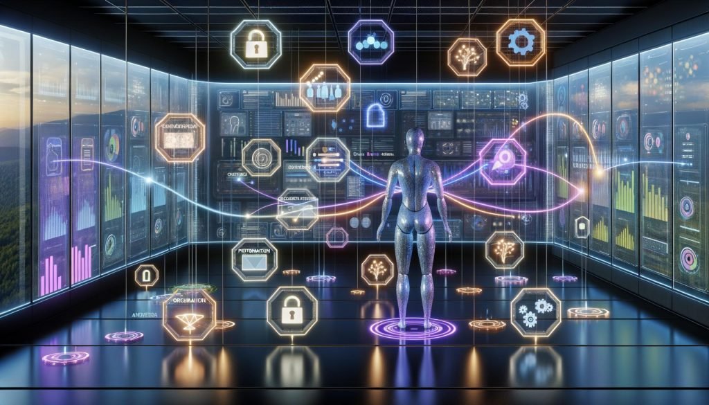 Hightech‑Kontrollzentrum mit vernetzten Dashboards; minimalistische, halbtransparente KI‑Agenten koordinieren Datenanalyse, Planung, Tool‑Integration und Feedback‑Schleifen; KPIs, Sicherheits‑ und Governance‑Icons.