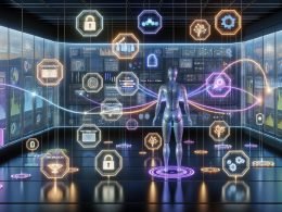 Hightech‑Kontrollzentrum mit vernetzten Dashboards; minimalistische, halbtransparente KI‑Agenten koordinieren Datenanalyse, Planung, Tool‑Integration und Feedback‑Schleifen; KPIs, Sicherheits‑ und Governance‑Icons.