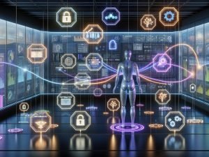 Hightech‑Kontrollzentrum mit vernetzten Dashboards; minimalistische, halbtransparente KI‑Agenten koordinieren Datenanalyse, Planung, Tool‑Integration und Feedback‑Schleifen; KPIs, Sicherheits‑ und Governance‑Icons.