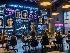 Dynamischer Workspace einer Marketingagentur: ein diverses Team beobachtet eine KI-gestützte Kreativpipeline auf riesigen Monitoren; auf dem Hauptscreen ein realistischer Face-Swap mit identischer Mimik und Beleuchtung; daneben KPI-Dashboards (Watchtime, CTR, Conversion Rate), C2PA-Compliance-Badges sowie Asset-Varianten in verschiedenen Sprachen und Hauttönen; Post-its „Hypothese“, „DSGVO“, „QA“; Leuchtkasten „KEIN RISIKO OHNE DOKU“ im Hintergrund.