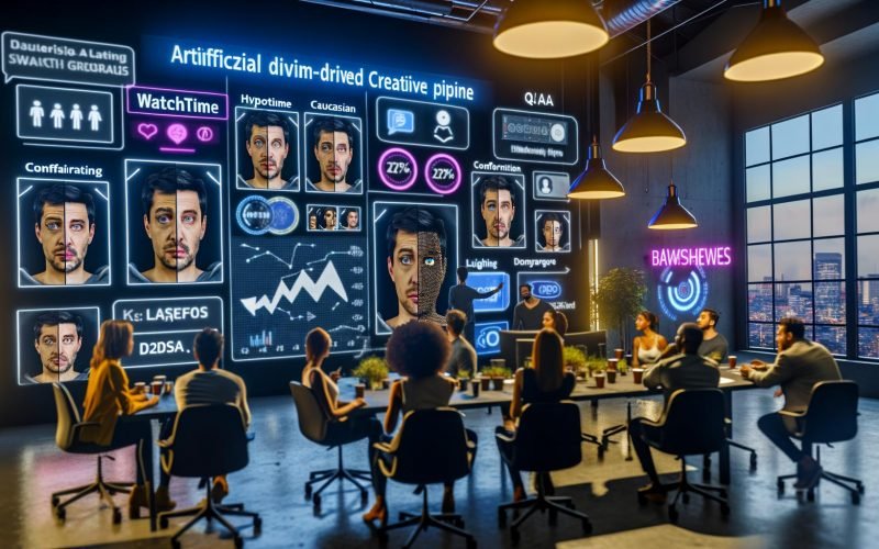 Dynamischer Workspace einer Marketingagentur: ein diverses Team beobachtet eine KI-gestützte Kreativpipeline auf riesigen Monitoren; auf dem Hauptscreen ein realistischer Face-Swap mit identischer Mimik und Beleuchtung; daneben KPI-Dashboards (Watchtime, CTR, Conversion Rate), C2PA-Compliance-Badges sowie Asset-Varianten in verschiedenen Sprachen und Hauttönen; Post-its „Hypothese“, „DSGVO“, „QA“; Leuchtkasten „KEIN RISIKO OHNE DOKU“ im Hintergrund.