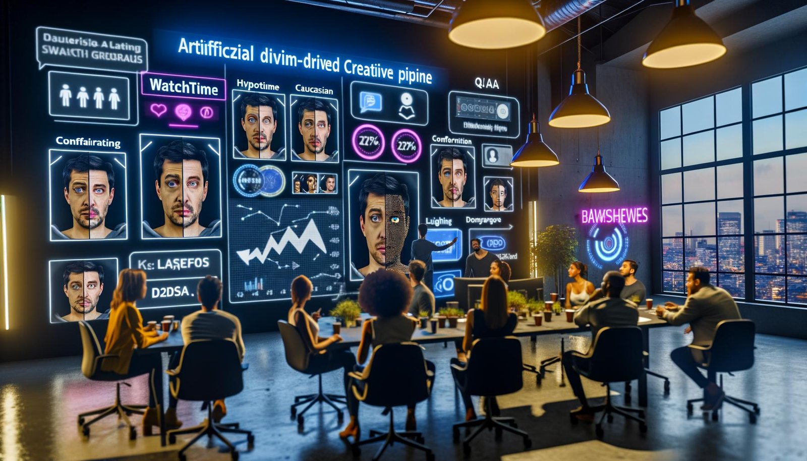 Dynamischer Workspace einer Marketingagentur: ein diverses Team beobachtet eine KI-gestützte Kreativpipeline auf riesigen Monitoren; auf dem Hauptscreen ein realistischer Face-Swap mit identischer Mimik und Beleuchtung; daneben KPI-Dashboards (Watchtime, CTR, Conversion Rate), C2PA-Compliance-Badges sowie Asset-Varianten in verschiedenen Sprachen und Hauttönen; Post-its „Hypothese“, „DSGVO“, „QA“; Leuchtkasten „KEIN RISIKO OHNE DOKU“ im Hintergrund.