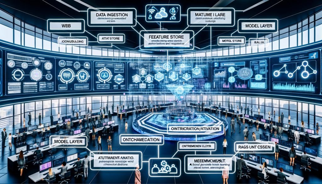 Dynamisches Marketing-Kontrollzentrum mit diversen Profis und großen Screens: Echtzeit-Datenflüsse, farbige Charts und KI-gestützte Vorhersagen; sechs vernetzte Ebenen (Data Ingestion, Data Modeling, Feature Store, Modell-Layer, Orchestrierung/Aktivierung, Messung/Feedback); UI-Hinweise auf Generative KI und RAG; personalisierte Inhalte und Customer Journeys über Web, E‑Mail, Ads und CRM; Datenschutz durch Schlösser und Consent-Anzeigen.