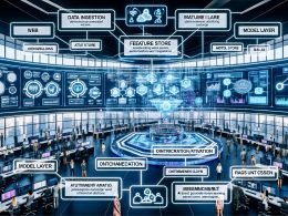 Dynamisches Marketing-Kontrollzentrum mit diversen Profis und großen Screens: Echtzeit-Datenflüsse, farbige Charts und KI-gestützte Vorhersagen; sechs vernetzte Ebenen (Data Ingestion, Data Modeling, Feature Store, Modell-Layer, Orchestrierung/Aktivierung, Messung/Feedback); UI-Hinweise auf Generative KI und RAG; personalisierte Inhalte und Customer Journeys über Web, E‑Mail, Ads und CRM; Datenschutz durch Schlösser und Consent-Anzeigen.