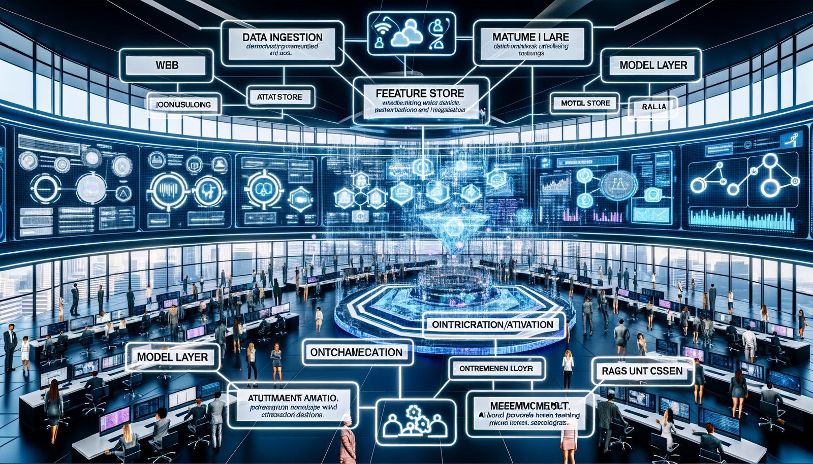 Dynamisches Marketing-Kontrollzentrum mit diversen Profis und großen Screens: Echtzeit-Datenflüsse, farbige Charts und KI-gestützte Vorhersagen; sechs vernetzte Ebenen (Data Ingestion, Data Modeling, Feature Store, Modell-Layer, Orchestrierung/Aktivierung, Messung/Feedback); UI-Hinweise auf Generative KI und RAG; personalisierte Inhalte und Customer Journeys über Web, E‑Mail, Ads und CRM; Datenschutz durch Schlösser und Consent-Anzeigen.