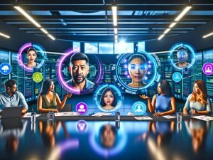 Vielfältiges Marketingteam in futuristischem Büro arbeitet mit KI-generierten Avataren auf großen Displays; Avatare demonstrieren Produktfeatures mit Sprechblasen und Gesten; Echtzeit-KPIs wie CTR und ROAS als dynamische Grafiken; leuchtende Serverracks, Cloud-Symbole und holografische Bearbeitungs-Panels.