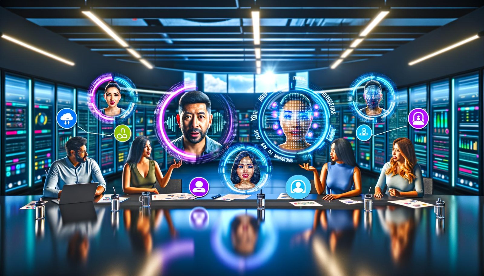 Vielfältiges Marketingteam in futuristischem Büro arbeitet mit KI-generierten Avataren auf großen Displays; Avatare demonstrieren Produktfeatures mit Sprechblasen und Gesten; Echtzeit-KPIs wie CTR und ROAS als dynamische Grafiken; leuchtende Serverracks, Cloud-Symbole und holografische Bearbeitungs-Panels.