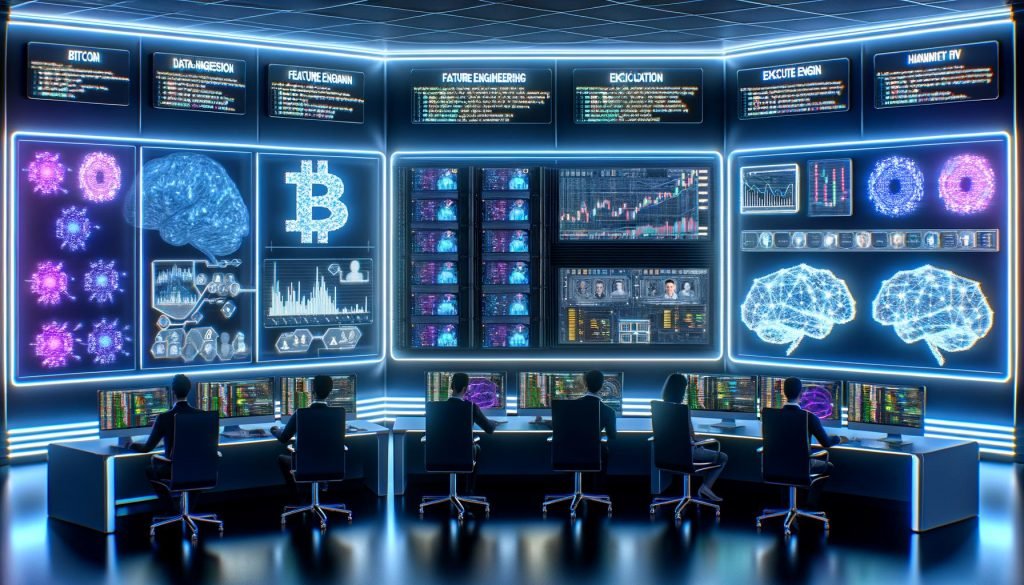 Futuristischer Krypto‑Kontrollraum mit Multi‑Screens für Charts und Code; Trader und Data Engineers; KI‑Overlays zu Datenpipelines; biometrische Panels, verriegelte Racks.