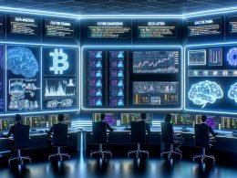 Futuristischer Krypto‑Kontrollraum mit Multi‑Screens für Charts und Code; Trader und Data Engineers; KI‑Overlays zu Datenpipelines; biometrische Panels, verriegelte Racks.