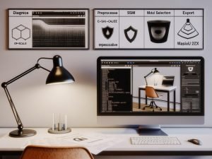Schlichter Schreibtisch mit Desktop‑PC zeigt kostenlose KI‑Bildhochskalierung: Vorher/Nachher‑Vergleich eines Produktfotos, Workflow‑Notizen und Icons von Real‑ESRGAN, Upscayl, Cupscale, Waifu2x; Poster mit PSNR, SSIM, LPIPS und Privacy‑Symbol für lokale Verarbeitung.