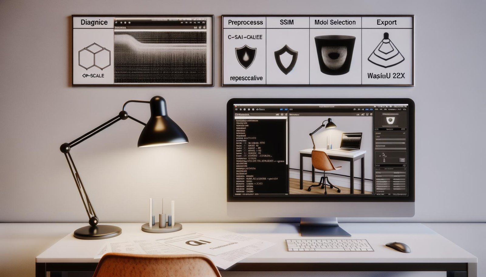 Schlichter Schreibtisch mit Desktop‑PC zeigt kostenlose KI‑Bildhochskalierung: Vorher/Nachher‑Vergleich eines Produktfotos, Workflow‑Notizen und Icons von Real‑ESRGAN, Upscayl, Cupscale, Waifu2x; Poster mit PSNR, SSIM, LPIPS und Privacy‑Symbol für lokale Verarbeitung.