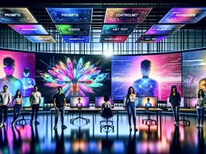 Futuristischer Digital-Workspace: diverses Marketing-Team kollaboriert, generative KI erstellt markenkonforme Visuals mit Prompts, Seeds, ControlNet, A/B-Tests und Guardrails.