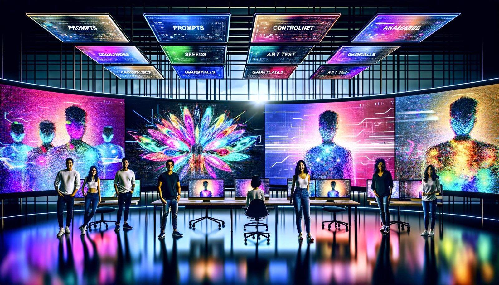 Futuristischer Digital-Workspace: diverses Marketing-Team kollaboriert, generative KI erstellt markenkonforme Visuals mit Prompts, Seeds, ControlNet, A/B-Tests und Guardrails.