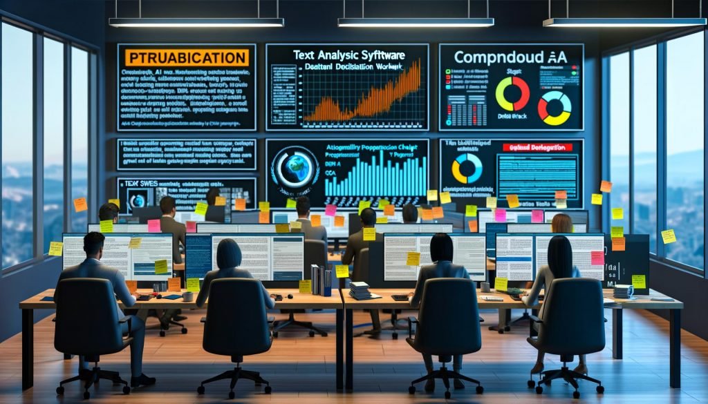 Moderner, kollaborativer Marketing-Workspace mit mehreren Bildschirmen, die Dashboards, Textanalysen, Compliance-Checklisten und ein KI-Erkennungstool mit gelb/rot markierten Risikostellen zeigen; daneben ein CMS-Workflow von Entwurf bis QA sowie geöffnete Tabs zu GPTZero, Copyleaks und Turnitin.