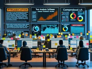 Moderner, kollaborativer Marketing-Workspace mit mehreren Bildschirmen, die Dashboards, Textanalysen, Compliance-Checklisten und ein KI-Erkennungstool mit gelb/rot markierten Risikostellen zeigen; daneben ein CMS-Workflow von Entwurf bis QA sowie geöffnete Tabs zu GPTZero, Copyleaks und Turnitin.