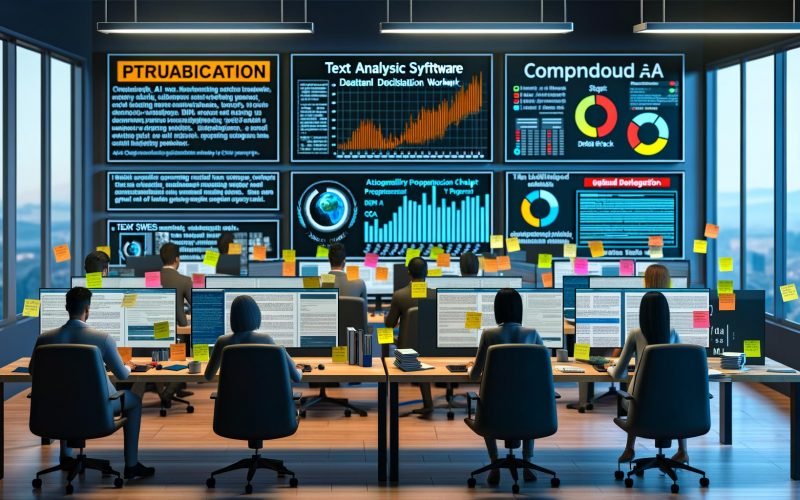 Moderner, kollaborativer Marketing-Workspace mit mehreren Bildschirmen, die Dashboards, Textanalysen, Compliance-Checklisten und ein KI-Erkennungstool mit gelb/rot markierten Risikostellen zeigen; daneben ein CMS-Workflow von Entwurf bis QA sowie geöffnete Tabs zu GPTZero, Copyleaks und Turnitin.