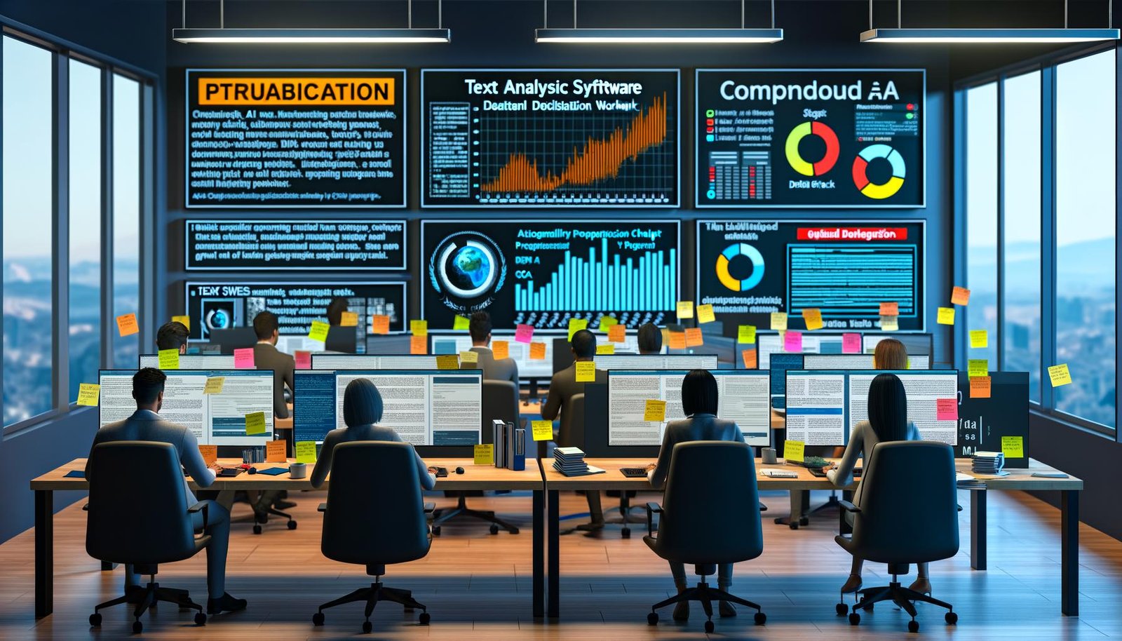 Moderner, kollaborativer Marketing-Workspace mit mehreren Bildschirmen, die Dashboards, Textanalysen, Compliance-Checklisten und ein KI-Erkennungstool mit gelb/rot markierten Risikostellen zeigen; daneben ein CMS-Workflow von Entwurf bis QA sowie geöffnete Tabs zu GPTZero, Copyleaks und Turnitin.