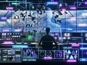 Stilisierte Collage: Filmemacher an holografischem Setup mit KI-Dialogen, Shotlists, LED-Stage, Motion Capture, Robocams sowie VFX-, Ethik- und Rechte-Symbolen.