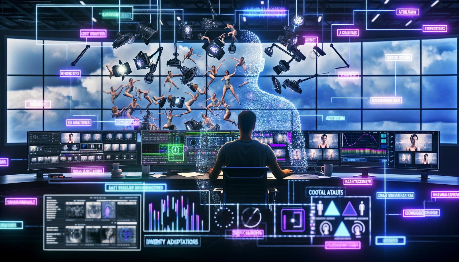 Stilisierte Collage: Filmemacher an holografischem Setup mit KI-Dialogen, Shotlists, LED-Stage, Motion Capture, Robocams sowie VFX-, Ethik- und Rechte-Symbolen.