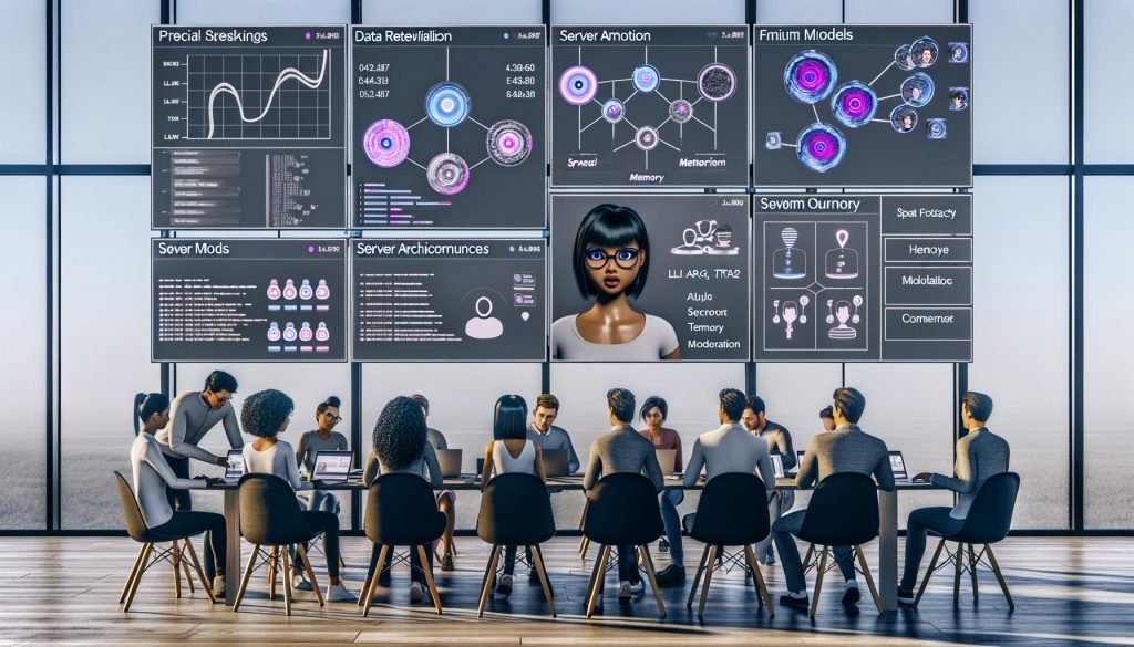 Moderner Workspace mit diversen Entwickler:innen, die UI-Flows und Serverdiagramme analysieren; auf dem Laptop ein freundlicher weiblicher KI-Avatar; Dashboards zu KPIs, Sicherheit und Compliance; Whiteboard zu Freemium, LLM/RAG/TTS/Moderation; UI-Hinweise zu Datenschutz, Altersprüfung und Ethik.