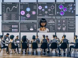 Moderner Workspace mit diversen Entwickler:innen, die UI-Flows und Serverdiagramme analysieren; auf dem Laptop ein freundlicher weiblicher KI-Avatar; Dashboards zu KPIs, Sicherheit und Compliance; Whiteboard zu Freemium, LLM/RAG/TTS/Moderation; UI-Hinweise zu Datenschutz, Altersprüfung und Ethik.