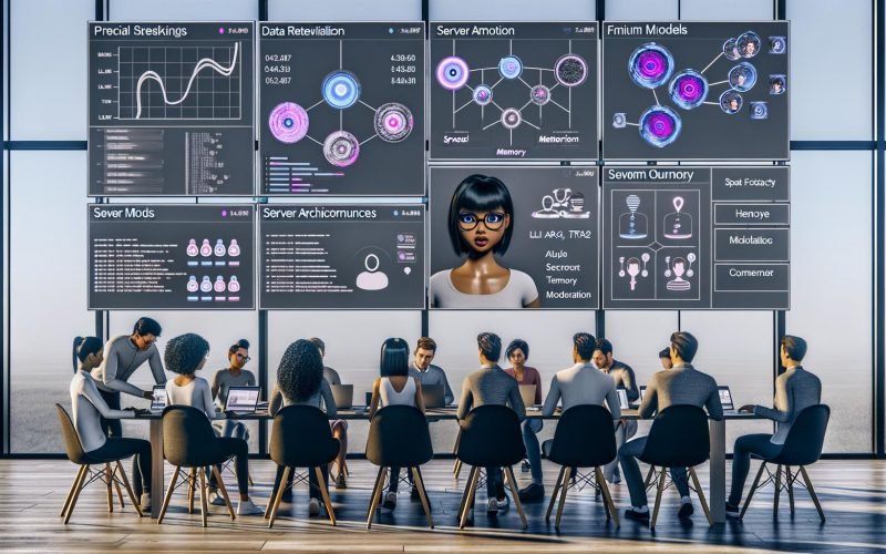 Moderner Workspace mit diversen Entwickler:innen, die UI-Flows und Serverdiagramme analysieren; auf dem Laptop ein freundlicher weiblicher KI-Avatar; Dashboards zu KPIs, Sicherheit und Compliance; Whiteboard zu Freemium, LLM/RAG/TTS/Moderation; UI-Hinweise zu Datenschutz, Altersprüfung und Ethik.