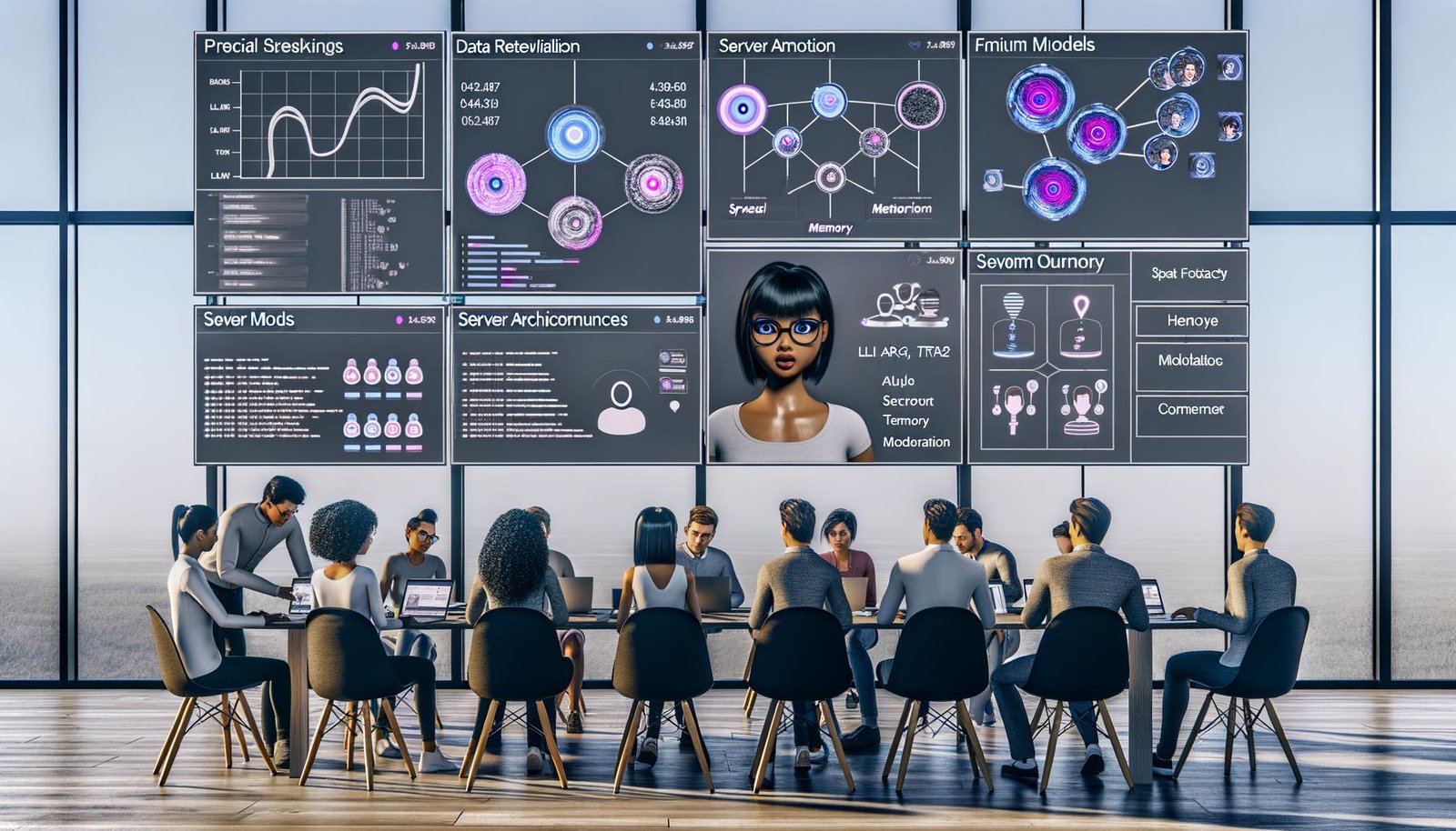Moderner Workspace mit diversen Entwickler:innen, die UI-Flows und Serverdiagramme analysieren; auf dem Laptop ein freundlicher weiblicher KI-Avatar; Dashboards zu KPIs, Sicherheit und Compliance; Whiteboard zu Freemium, LLM/RAG/TTS/Moderation; UI-Hinweise zu Datenschutz, Altersprüfung und Ethik.