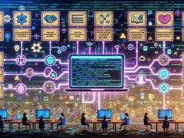 Sleeker KI‑Laptop generiert digitale Lernkarten aus PDFs, Lehrbüchern, Notizen, medizinischen Diagrammen und Video‑Transkripten; UIs mit JSON, Active‑Recall, Spaced Repetition und Qualitätsmetriken; sichere Sync‑Icons für Anki, Notion, Quizlet, RemNote, Obsidian; sichtbare Guardrails, Prüfhaken und Zitationsbänder; Lernende prüfen auf mehreren Geräten; 404 Magazine Wasserzeichen.