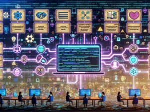 Sleeker KI‑Laptop generiert digitale Lernkarten aus PDFs, Lehrbüchern, Notizen, medizinischen Diagrammen und Video‑Transkripten; UIs mit JSON, Active‑Recall, Spaced Repetition und Qualitätsmetriken; sichere Sync‑Icons für Anki, Notion, Quizlet, RemNote, Obsidian; sichtbare Guardrails, Prüfhaken und Zitationsbänder; Lernende prüfen auf mehreren Geräten; 404 Magazine Wasserzeichen.