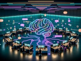 Futuristisches Marketingbüro: diverse Teams vor Ultrawide-Dashboards und Hologrammen; ein abstraktes KI-Gehirn orchestriert Workflows (Content, CRM, SEO, Paid Media) mit Live-KPIs und Sicherheitsicons.