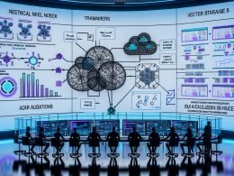 Futuristischer KI-Kontrollraum mit digitalen Screens und Hologrammen: Diagramme zu Transformern, MoE und SLMs, Datenströme, Vektor-DBs (Pinecone, Faiss) und RAG-Pipelines; Team analysiert Inferenzkosten, Latenz und Genauigkeit; transparente Daten-Firewall mit Sicherheit, Compliance und EU-AI-Act-Hinweisen; Symbole für Edge, Cloud und On-Prem in hybrider Orchestrierung; kühles blaues Licht, sachlich-analytische Atmosphäre.
