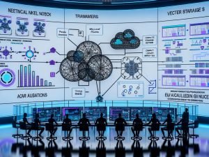 Futuristischer KI-Kontrollraum mit digitalen Screens und Hologrammen: Diagramme zu Transformern, MoE und SLMs, Datenströme, Vektor-DBs (Pinecone, Faiss) und RAG-Pipelines; Team analysiert Inferenzkosten, Latenz und Genauigkeit; transparente Daten-Firewall mit Sicherheit, Compliance und EU-AI-Act-Hinweisen; Symbole für Edge, Cloud und On-Prem in hybrider Orchestrierung; kühles blaues Licht, sachlich-analytische Atmosphäre.