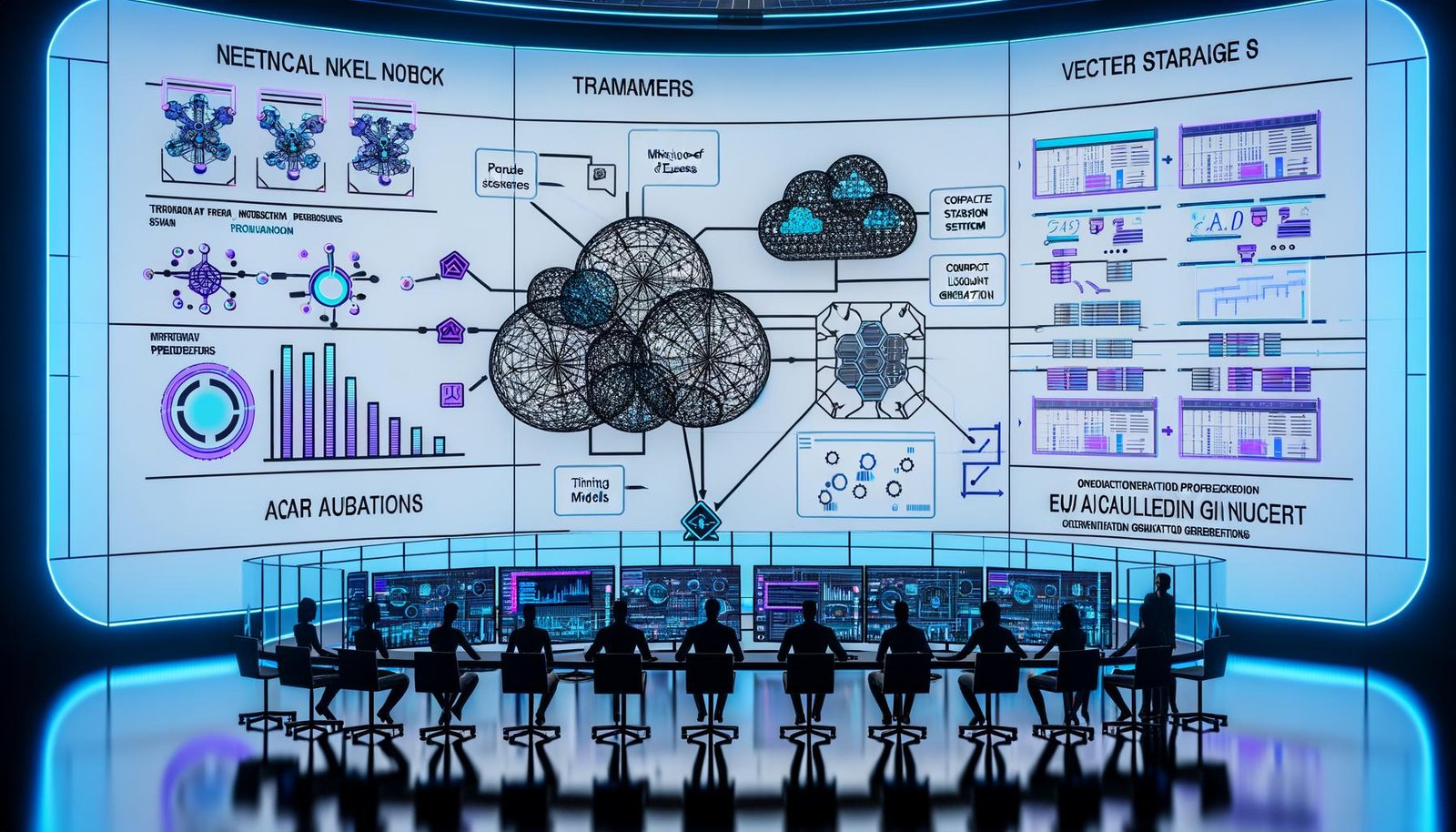 Futuristischer KI-Kontrollraum mit digitalen Screens und Hologrammen: Diagramme zu Transformern, MoE und SLMs, Datenströme, Vektor-DBs (Pinecone, Faiss) und RAG-Pipelines; Team analysiert Inferenzkosten, Latenz und Genauigkeit; transparente Daten-Firewall mit Sicherheit, Compliance und EU-AI-Act-Hinweisen; Symbole für Edge, Cloud und On-Prem in hybrider Orchestrierung; kühles blaues Licht, sachlich-analytische Atmosphäre.