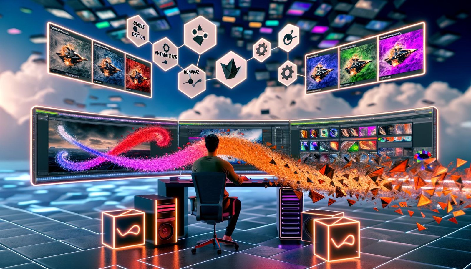 Modernes Creator‑Studio mit Multi‑Screens und leuchtenden GPU‑Rigs; Timeline verwandelt MP4‑Frames in KI‑Kunst mit Canny‑Kanten, Tiefenrastern und Posen‑Schätzungen; Moodboard mit Logos/Farbpaletten; Icons für Stable Diffusion, AnimateDiff, ControlNet, Runway, Pika, Kaiber, ffmpeg und ComfyUI.