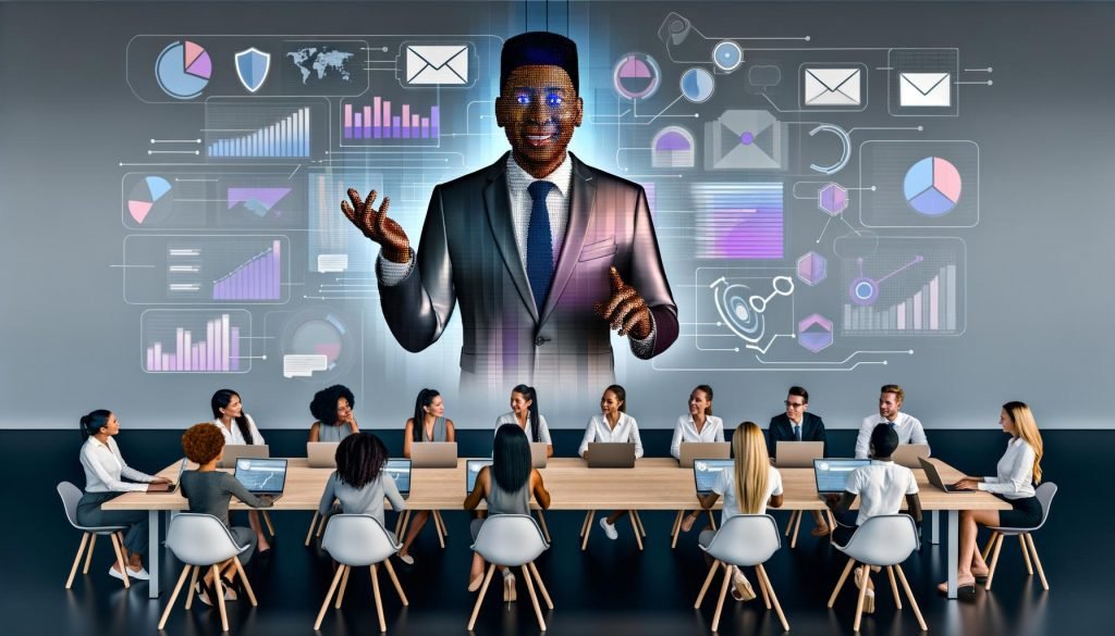 Moderner Workspace mit großem Screen: gut beleuchteter KI-Avatar im Business-Outfit mit natürlicher Gestik und lippensynchroner Sprache; schwebende Marketing-Icons, API-Workflows; Marketer im Hintergrund; Sicherheits- und Datenschutz-Overlays.