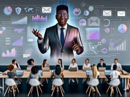 Moderner Workspace mit großem Screen: gut beleuchteter KI-Avatar im Business-Outfit mit natürlicher Gestik und lippensynchroner Sprache; schwebende Marketing-Icons, API-Workflows; Marketer im Hintergrund; Sicherheits- und Datenschutz-Overlays.