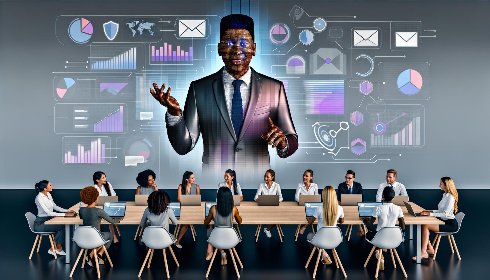 Moderner Workspace mit großem Screen: gut beleuchteter KI-Avatar im Business-Outfit mit natürlicher Gestik und lippensynchroner Sprache; schwebende Marketing-Icons, API-Workflows; Marketer im Hintergrund; Sicherheits- und Datenschutz-Overlays.