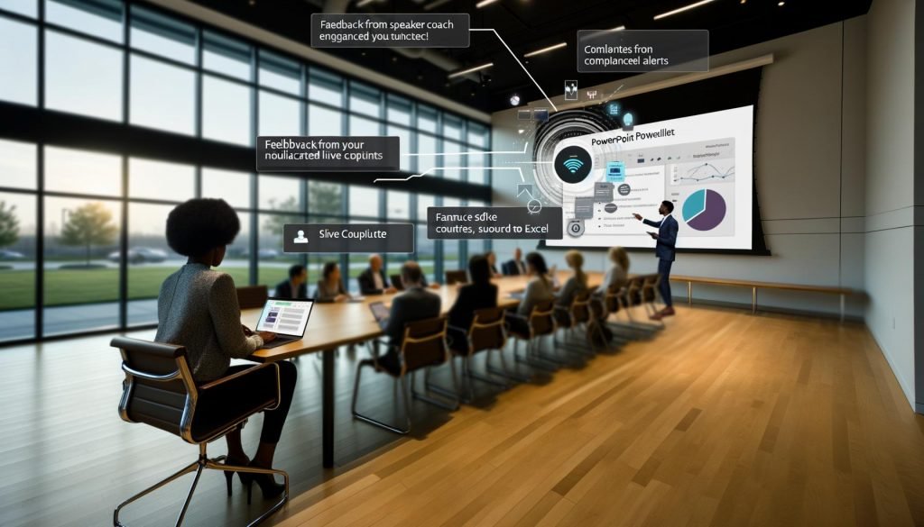 Moderner Konferenzraum mit diverser Runde vor großem Screen: KI-gestützte PowerPoint mit markenkonformen Folien, Excel‑Charts; Copilot, Speaker Coach, Live‑Untertitel und Compliance-Hinweise sichtbar.