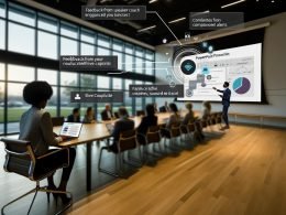 Moderner Konferenzraum mit diverser Runde vor großem Screen: KI-gestützte PowerPoint mit markenkonformen Folien, Excel‑Charts; Copilot, Speaker Coach, Live‑Untertitel und Compliance-Hinweise sichtbar.